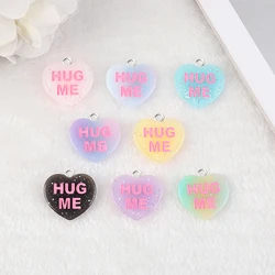 16 Pcs 22*24 MM Glitter Resin Heart Charms ONE KISS HUG ME Flatback Cabochons Pendants for Earrings Necklaces Diy Making