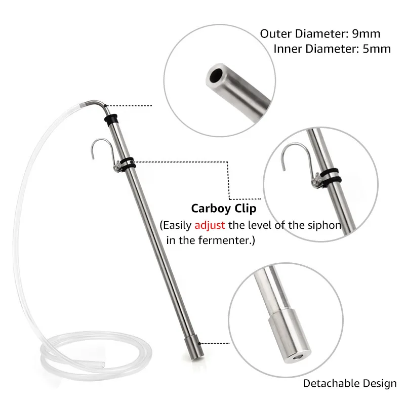 Brewing Auto Siphon, Stainless Steel Siphon Racking Cane with Carboy Clip, Homebrewer Easily Faster Transfer Wort from Container