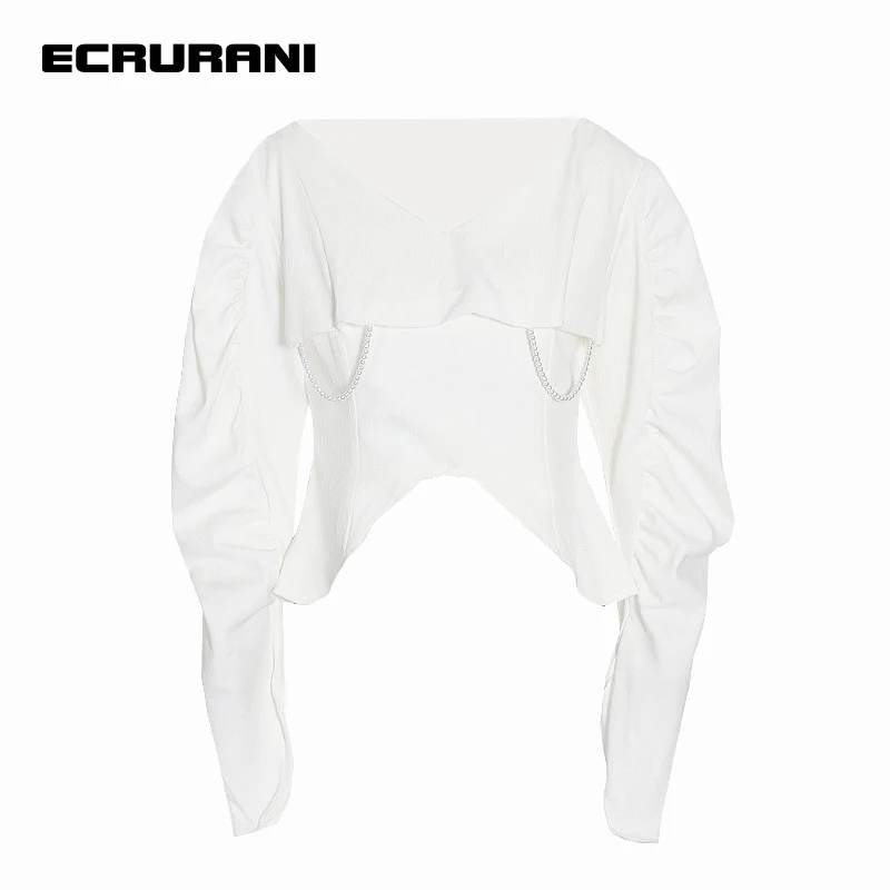 

ECRURANI White Casual Shirts For Women V Neck Puff Long Sleeve Ruched Loose Asymmetric Hem Short Blouses Female 2021 New Clothes