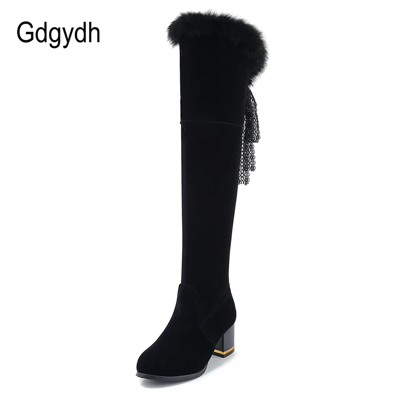 Gdgydh Real Fur Snow Boots Women Zip Winter Ladies Fashion Metal Decoration Plush Inside Warm Over The Knee Boots Female Flock