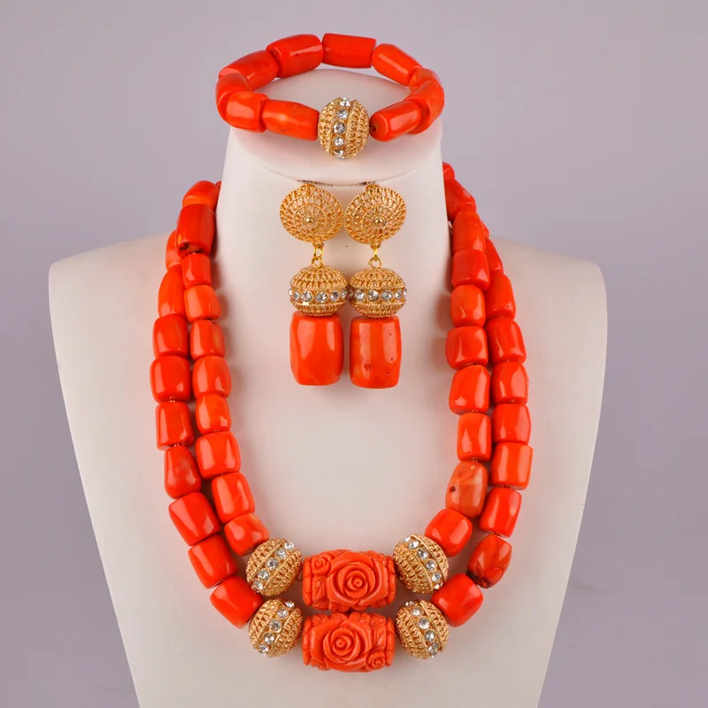 

Romantic wedding Orange coral beads African beads Nigerian bride wedding jewelry necklace bracelet earrings set AU-26