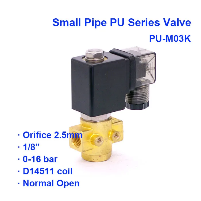 

2 way 2 position Normal open Pneumatic Brass Water PU-M03K Solenoid Valve D14511 coil Orifice 2.5mm AC220V BSP Port G1/8"