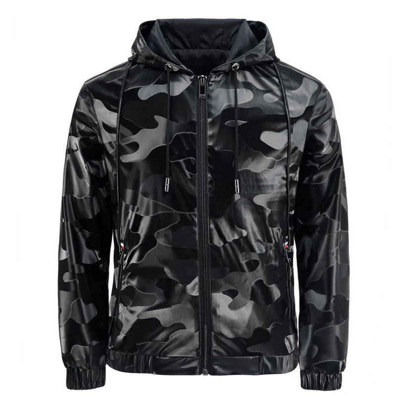 

Pop Men's Leather Jacket Hooded PU Leather Jacket Male Camouflage Thin Coat Spring Casual Sportswear Jacket