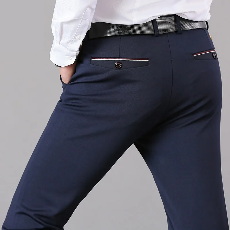 Pantalones de traje elegantes para hombre, pantalón largo recto de Color sólido, ajustado, Formal, negro y azul, a la moda, 2020