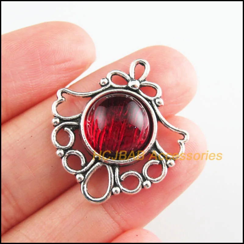 6Pcs Tibetan Silver Tone Round Red Glaze Charms Flower Pendants 26x29mm