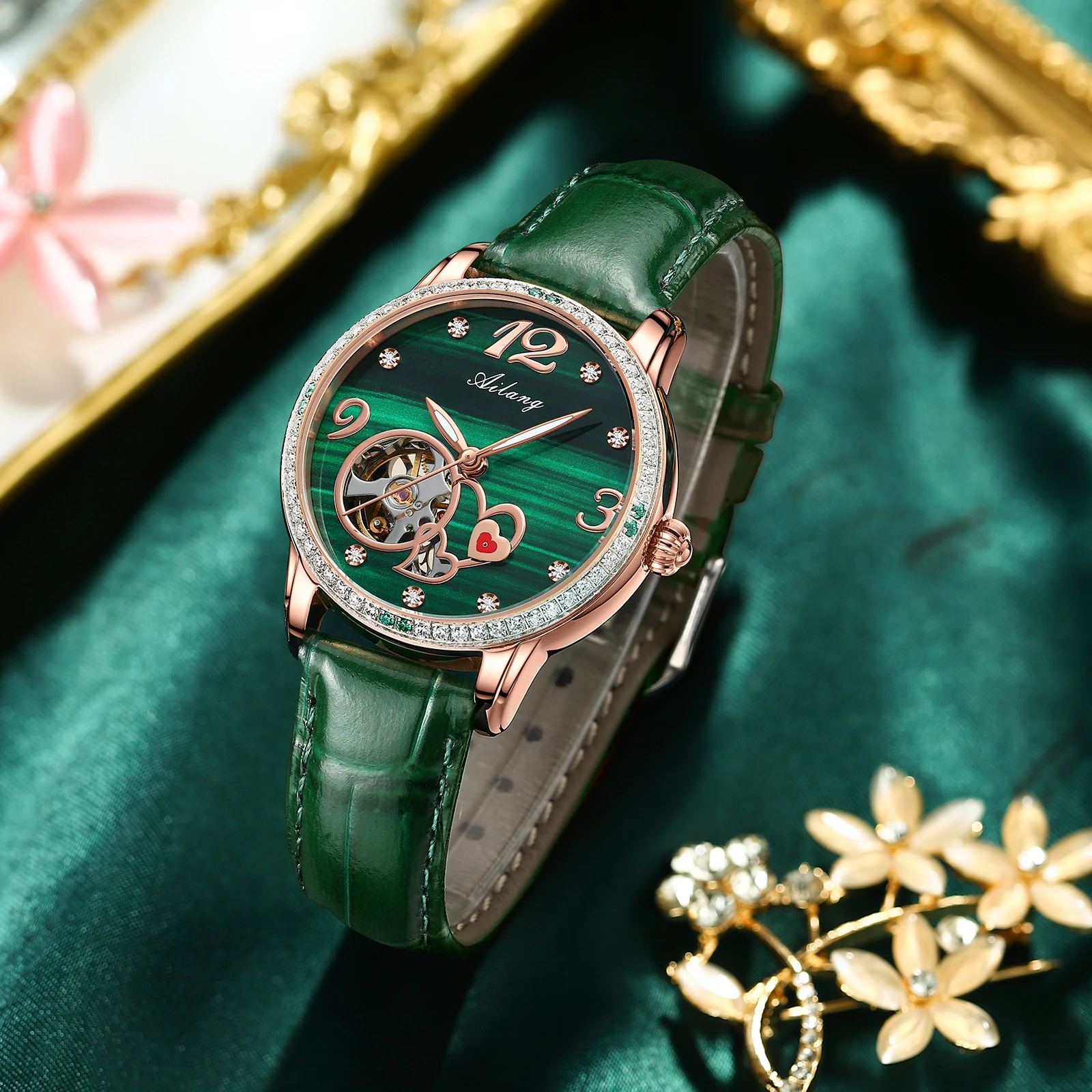 Luxury Automatic Skeleton Mechanical Watch Ladies Watch High Quality Waterproof Diamond Green Watch Luminous Watch