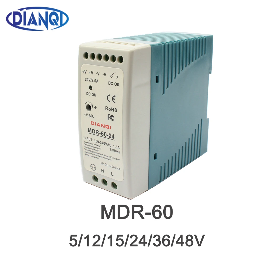 High Quality AC/DC Industrial Din Rail Power Supply Switch MDR-60-24 60W 5V 12V 15V 24V 36V 48V  Single Output Switching