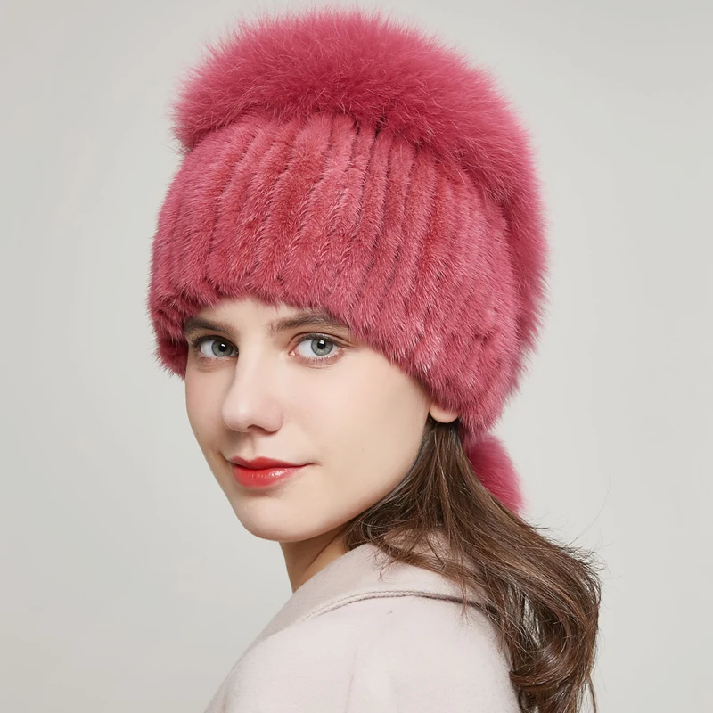 Real Mink Fur Hat Winter Women's High Quality Fashion Heart Shaped With Rhinestone Ball Hot Selling Beanie Style