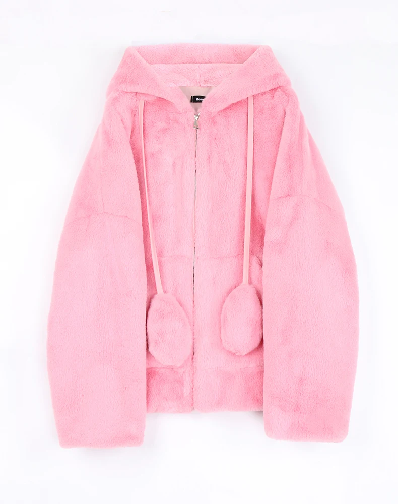 Nerazzurri Spring Fluffy Jacket with Rabbit Ears Raglan Sleeve Zipper Oversize Light Soft Harajuku Kawaii Faux Fur Hoodie 2021