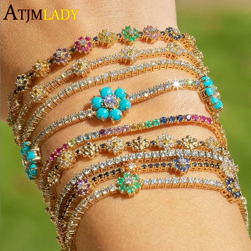 New Arrived Rainbow CZ Colorful Flower Tennis Link Chain Bracelet For Women Girls Iced Out Bling CZ Paved Daisy Flower Bracelet