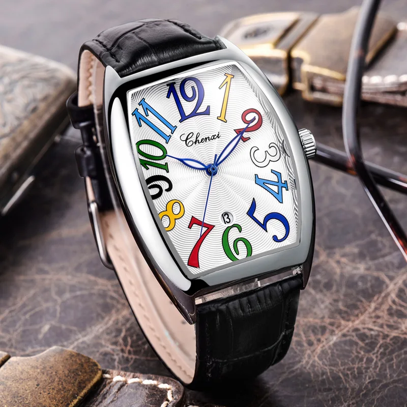 Montres Tonneau en cuir pour hommes, montres-bracelets à quartz, chiffres colorés, mode Chenxi, Reloj zones bre, nouveau design, 2021