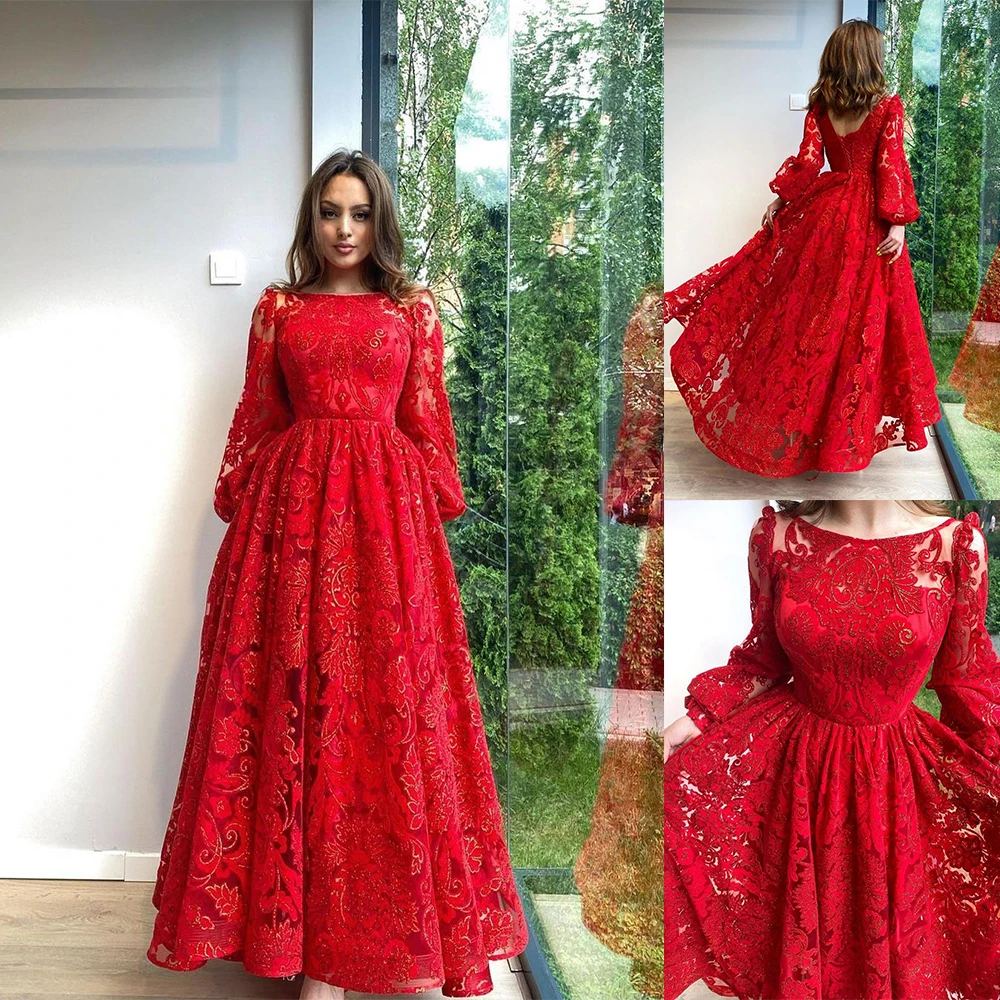 

Grogeous Red Long Sleeves Lace Appliqued Nightgowns Robes Graceful Dress Custom Made Evening Dress