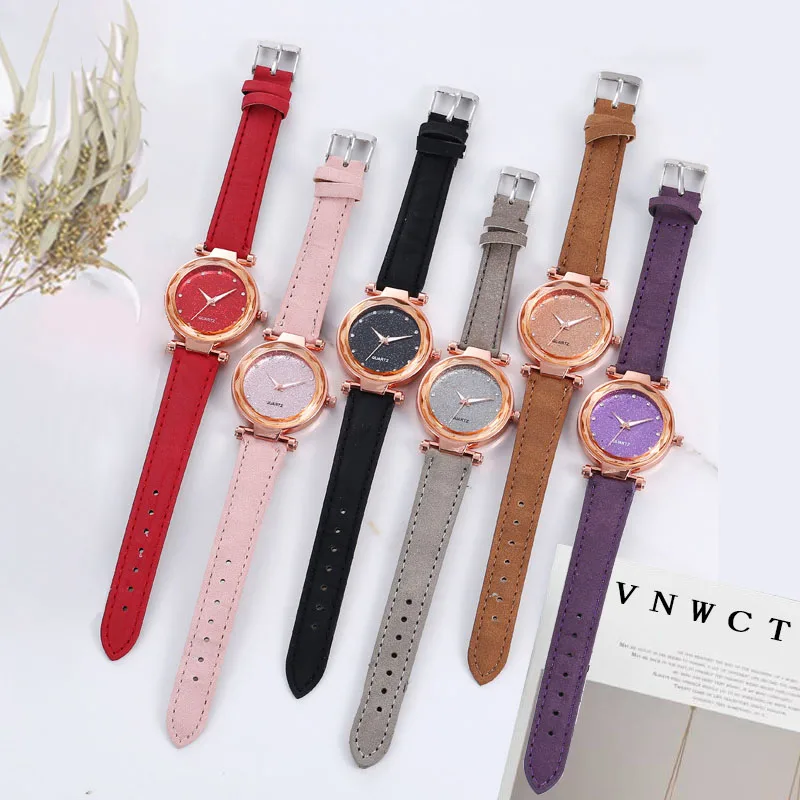 Women Watches Bracelet Set Romantic Starry Sky Quartz Watch Leather Belt Diamond Ladies Clock Simple Dress Relógio Feminino