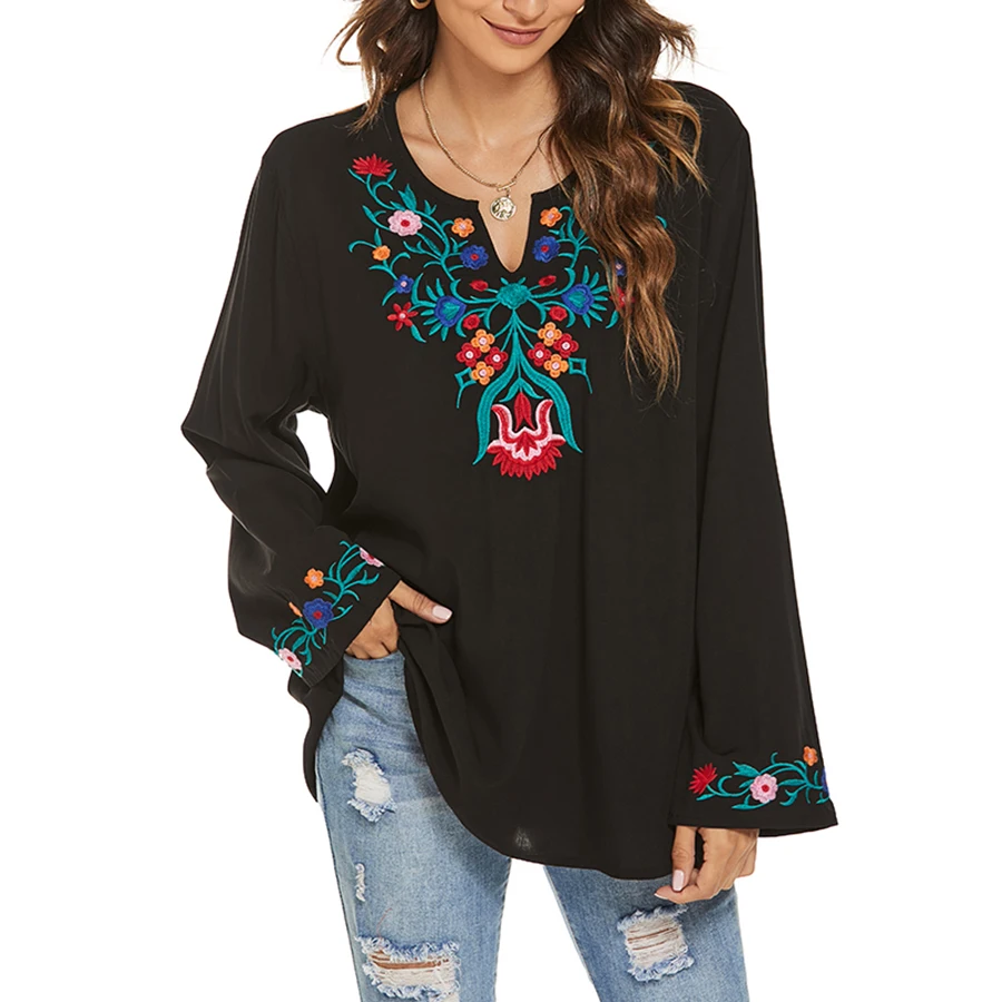 Floral Boho Embroidery Blouse for Women, Mexican Black Vintage Blouse, Long Sleeve, Plus Size, Ethnic Top