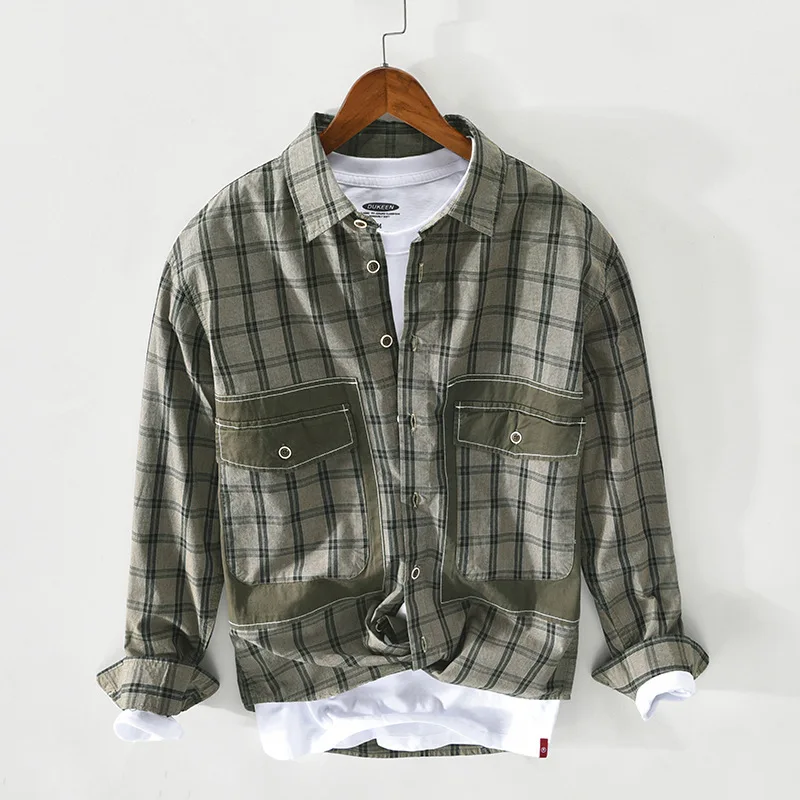 Spring Summer New Men Casual Long-Sleeved Plaid Cotton Shirt Japanese Fresh Simple Youth Fashion Pocket Decoration Lapel Tops