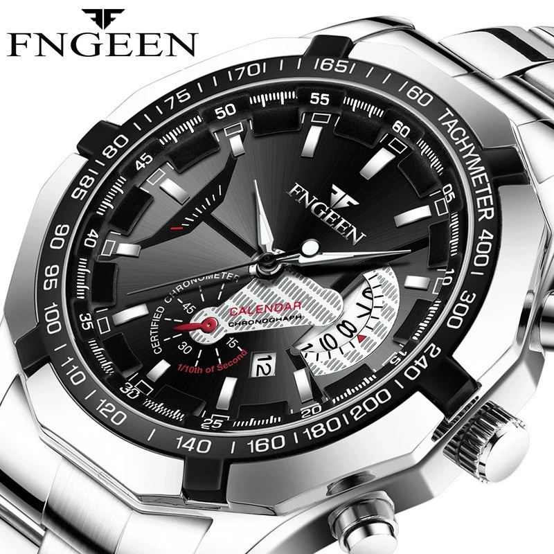 FNGEEN Luxury Men\'s Watches Stainless Steel Band Fashion Waterproof Quartz Watch For Man Calendar Male Clock Reloj Hombre S001