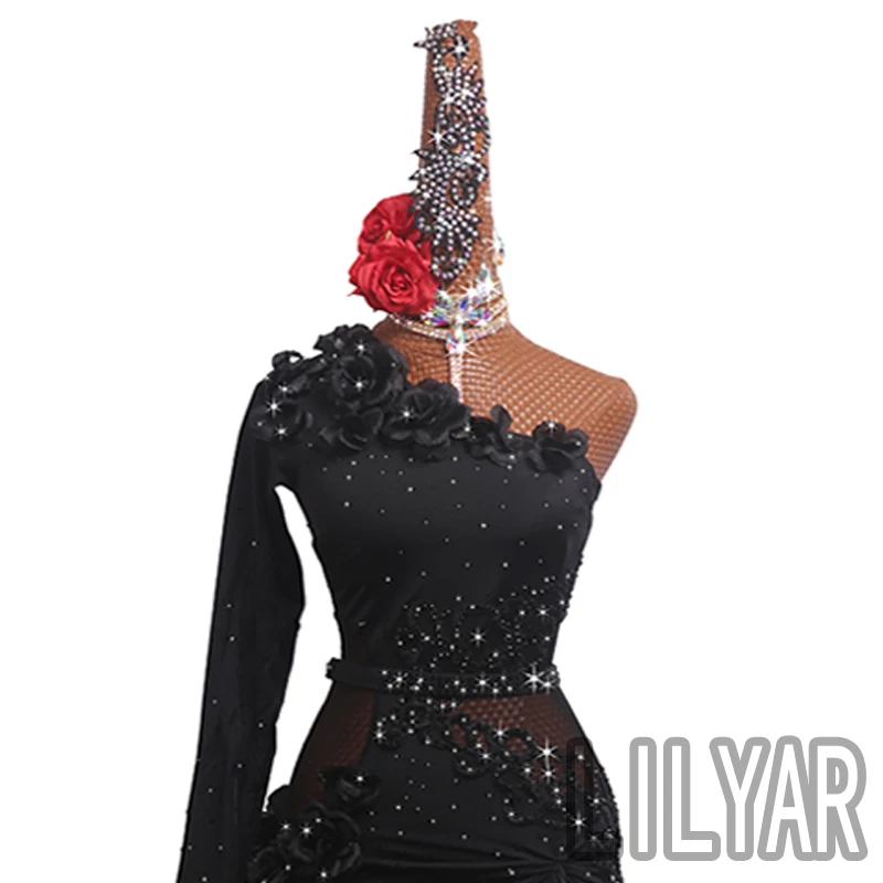 New Latin dance dress competition dress dress performance dress adult custom black rose oblique shoulder dance dress