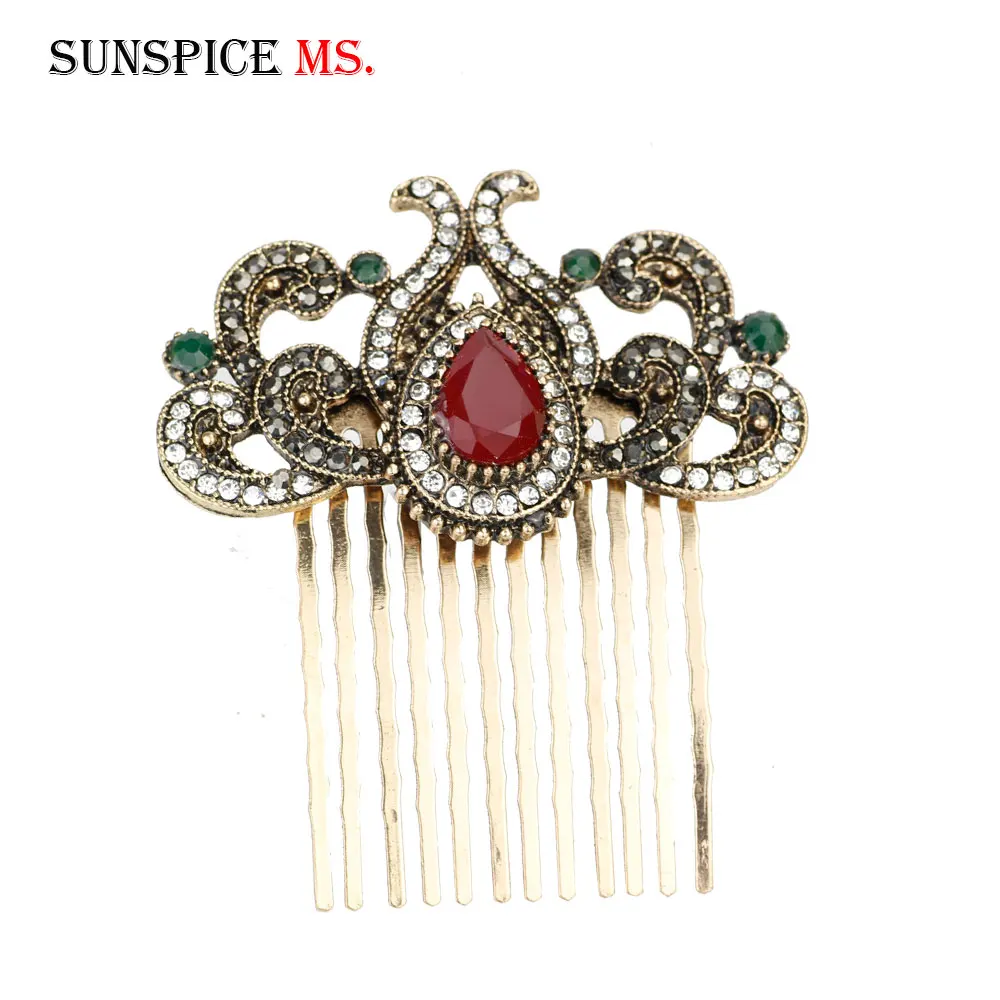 Sunspicems Turkish Women Flower Hair Comb Retro Gold Color Full Rhinestone Arab Ethnic Indian Hair Worn In a Bun Coil Jewelry