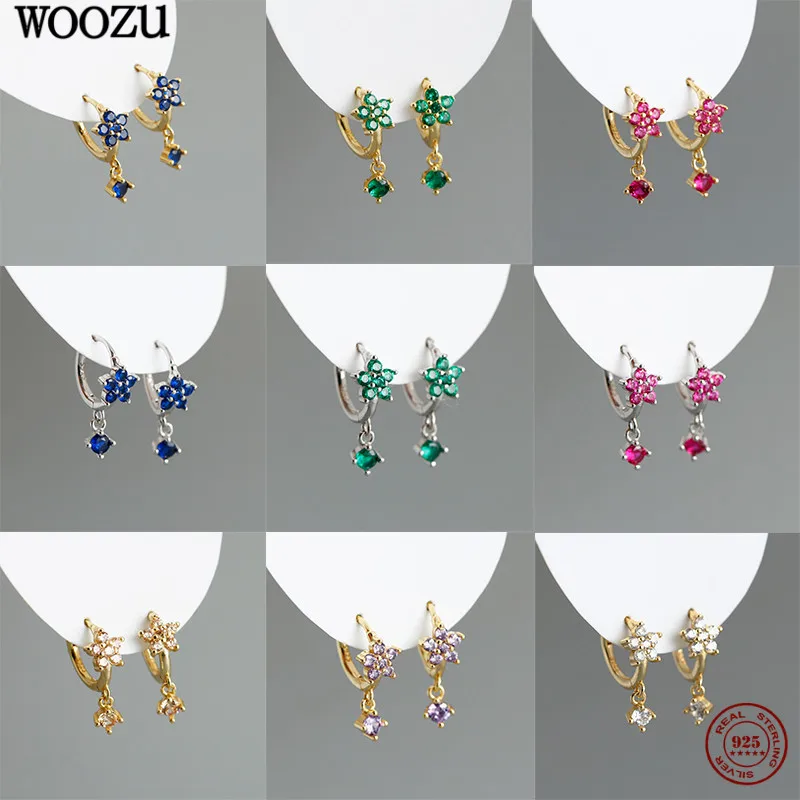 WOOZU 925 Sterling Silver Romantic Five Petal Flower Star CZ Zircon Drop Earrings For Women Bohemia Punk Rock Girl Jewelry Gifts