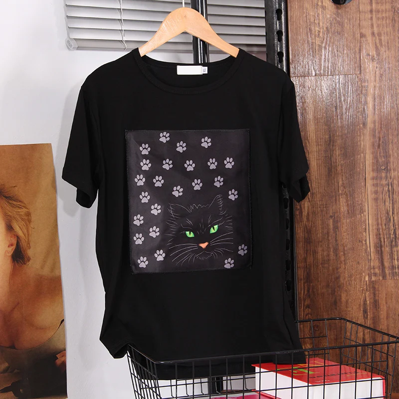 Korean casual t-shirt women 2021 Summer New Creativity Appliques Harajuku style short-sleeve tops Loose o-neck black pullovers