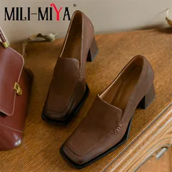 MILI-MIYA Genuine Cowhide Pumps Women Soft Penny Fashion Square Toe Loafers Spring Autumn Classic Style Slip On Daily Life Shoes