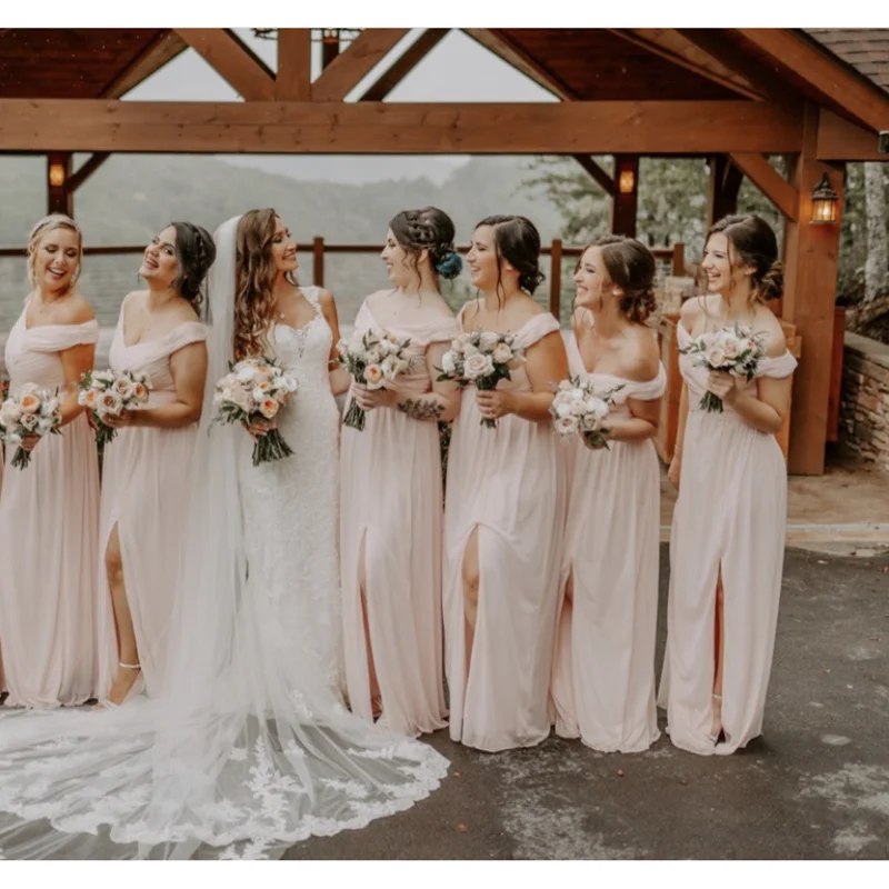 Vestidos de dama de honor con escote en V, hombros descubiertos, abertura lateral, plisado, longitud hasta el suelo, vestidos de fiesta de boda, a medida, 2021