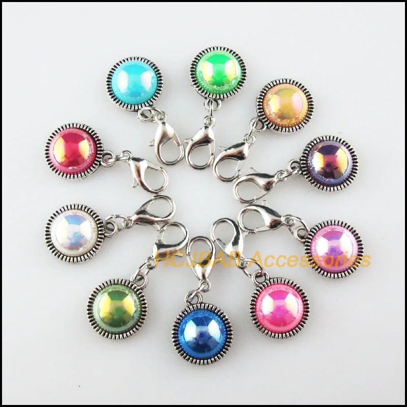 10 New Round Charms Acrylic Mixed Retro With Lobster Claw Clasps Circle Tibetan Silver Plated Pendants