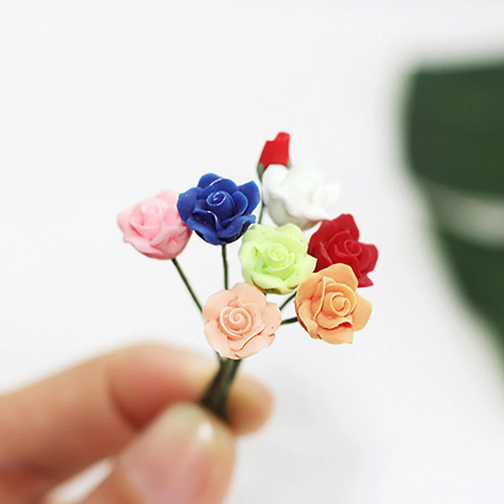 10Pcs 1/12 Doll House Miniature Resin Rose Simulation plant flower Model Toy for Mini Decoration Dollhouse Accessories