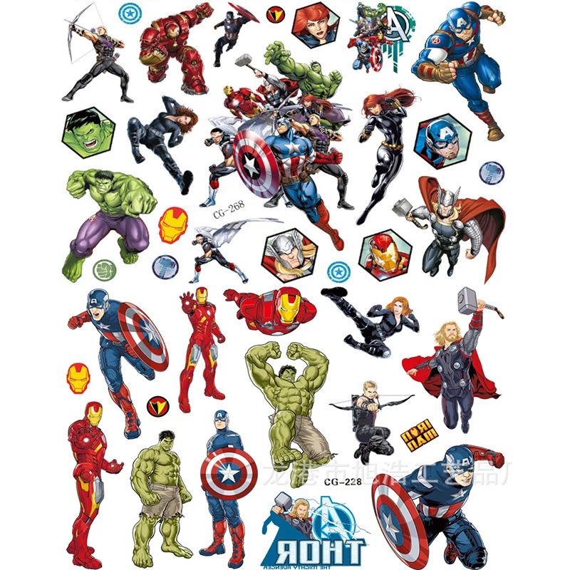 Original Marvel Hero Tattoo Stickers Disney Spider-Man Iron Man The Avengers Sticker Cartoon Kids Girls Birthday Gifts