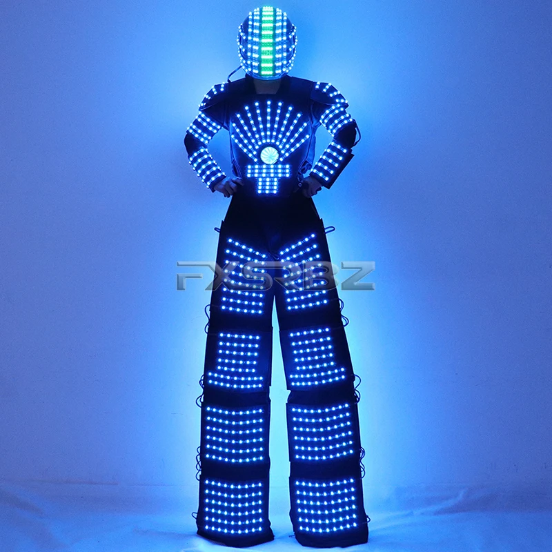 LED Robot Suit Costume High Heel Kryoman Robot David Guetta Stilts Walker Light Clothes Helmet Laser Gloves