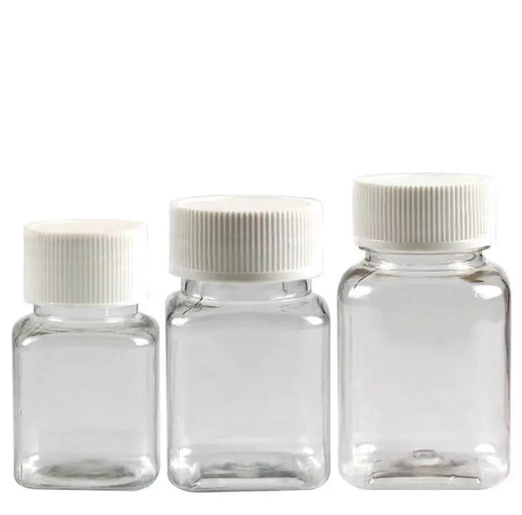 

30ml 50ml 80ml Transparent Square PET Bottle, Packing Bottle, Capsule Bottle, Plastic Bottle with white cap SN3955