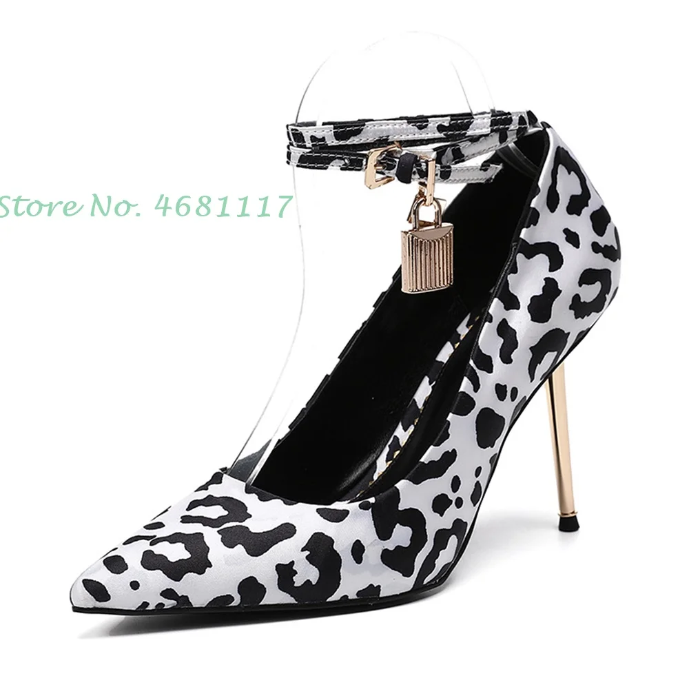 Pointed Toe Metal Pendant Pumps Women Pink Black Leopard Slip On Sexy Stiletto Heels Elegant 2022 Summer Newest Ladies Sandals