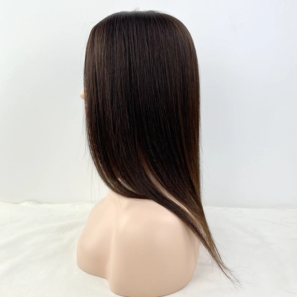 Injected Silk Base Human Hair Topper For White Women Dark Brown Color Straight Style Clip On Wigs For Thinning Hair And Baldnes