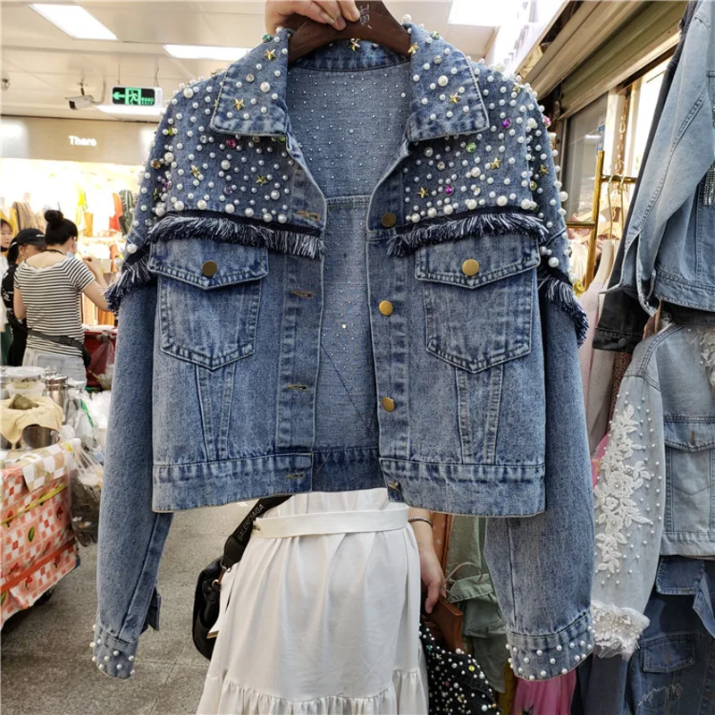 Chaquetas Mujer 2023 Autumn Streetwear Denim Jacket Women Hand-studded Pearls Punk Tassel Veste Femme Loose Short Jeans Coats