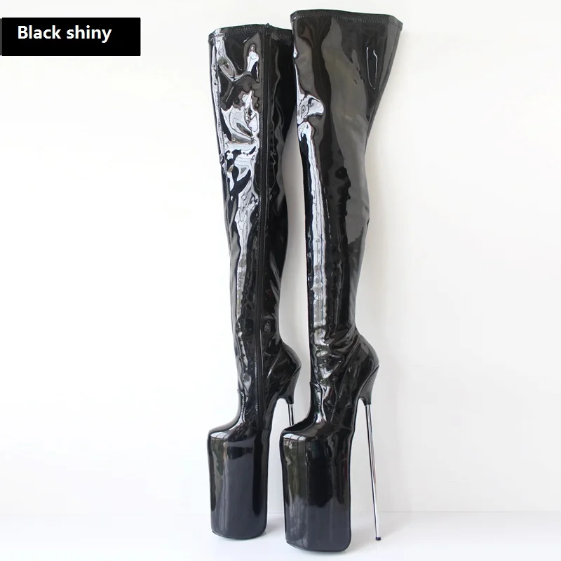 Women Thigh High Boots,Men Night Club Dancing Shoes,Fetish Cosplay Booties,Side Zip Long Botas,30cm Stiletto Metal Heel,RED,Blck