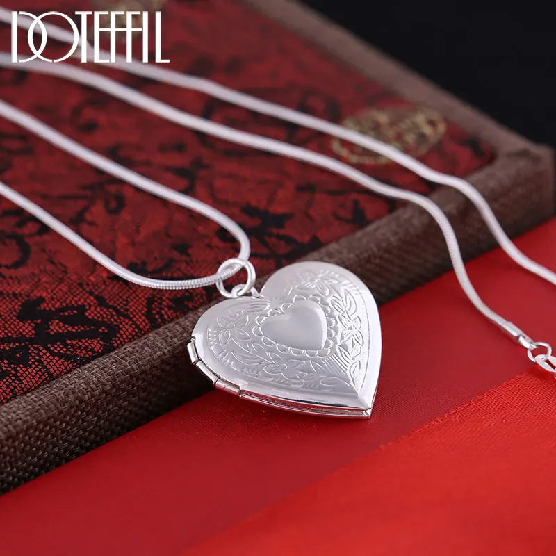 

DOTEFFIL 925 Sterling Silver Classic Pattern Snake Chain Heart-Shaped Photo Frame Necklace For Women Fashion Wedding Jewelry
