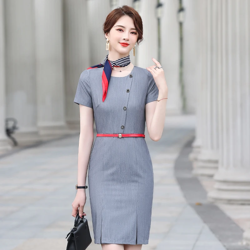 

2021 Summer O-neck Dresses Uniform Styles Dress for Women Business Work Wear Ladies Career Interview Dress with Belt and Scarf