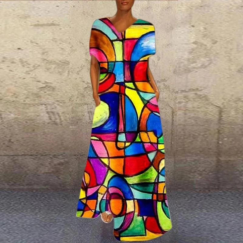 Ladies Elegant Abstract Girl Printed Party Dresses Casual Short Sleeve V Neck Long Dresses Summer Loose A-line Dresses Vestidos