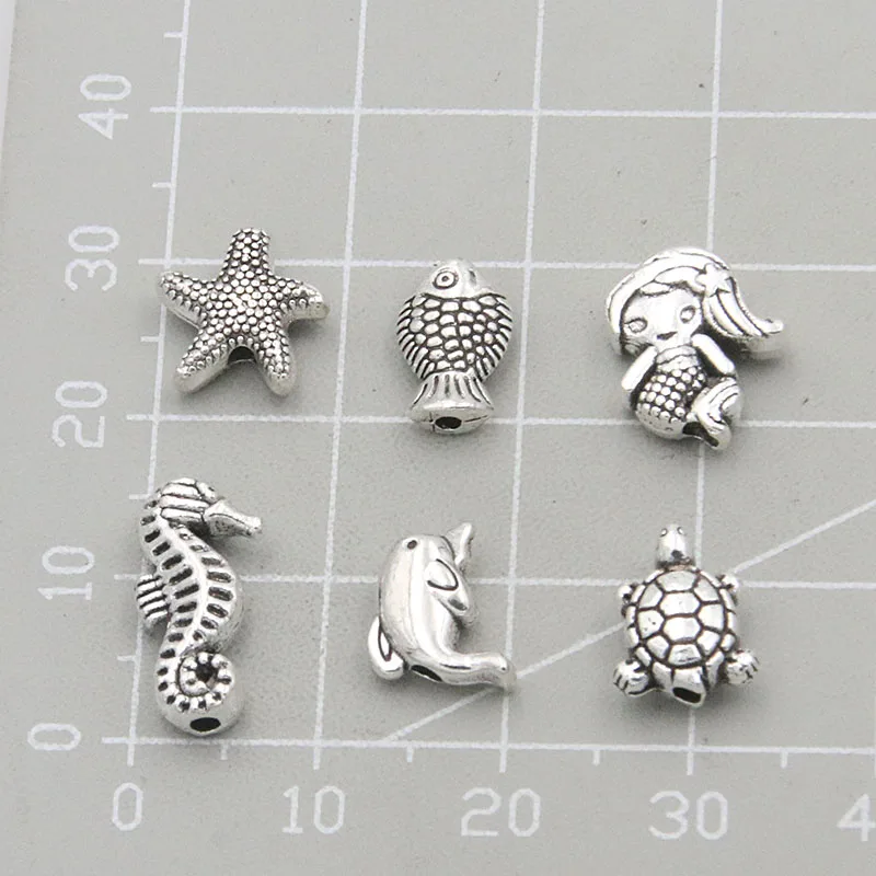 30Pcs 6Style Spacer Marine Life Mermaid Turtle Dolphin Small Hole Bead Charms For DIY Necklace Bracelets Jewelry Making