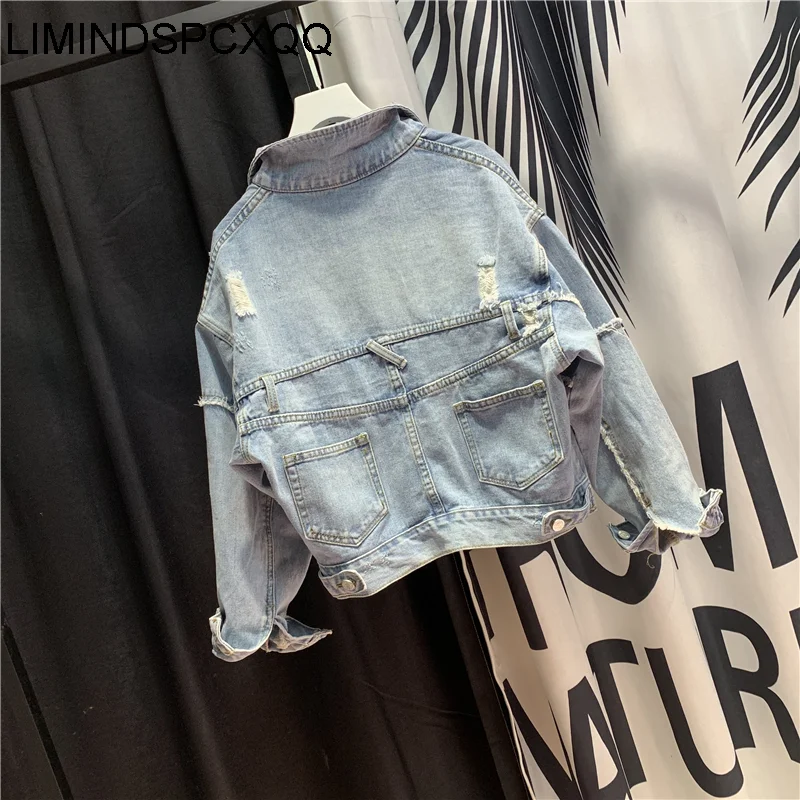 2023 Hole Bat Sleeve Short Jean Jacket Women Denim Jacket Spring Ripped Loose Coat Korean Harajuku European Style Roupa Feminina