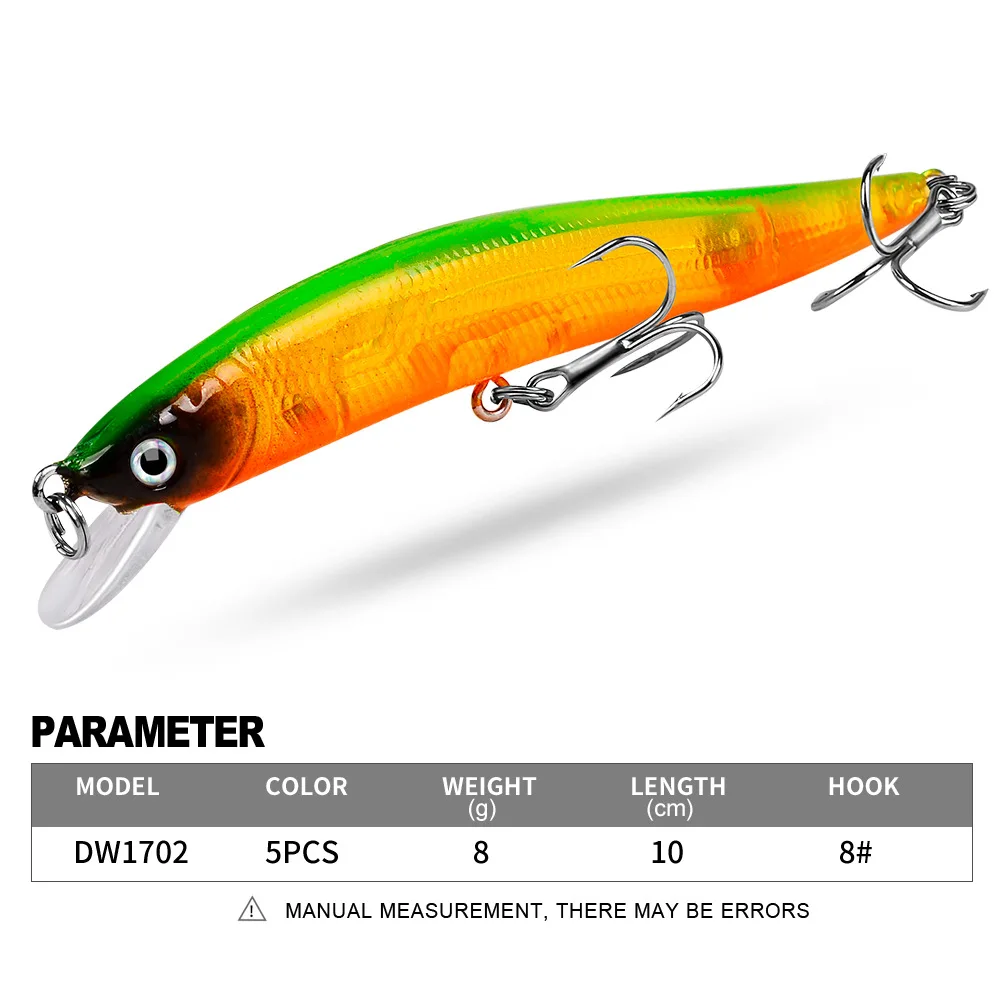 

PROBEROS 1pcs Fishing Lure Set 10cm 8g Hard Artificial Minnow Lures 5 Color Crankbait Fishing Baits #8 Treble Hook dw1702