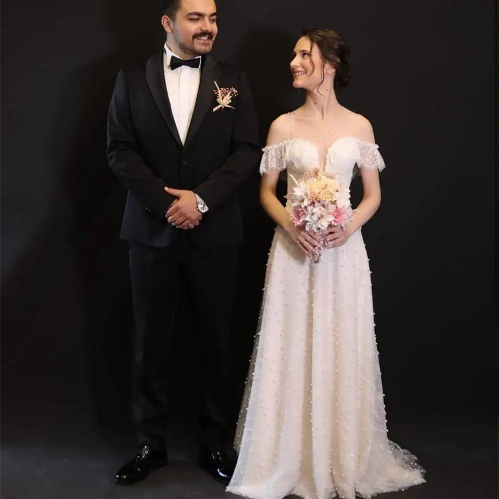 Vestido De novia acampanado sin hombros con perlas hasta el suelo, precioso vestido De novia champán, Sexy, traje De Mariee, hecho a medida