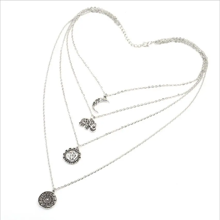 Bohemian Necklace Moon Elephant Ancient Pendent Silver Color Long Alloy Chain Choker Statement Necklace Collar S1917