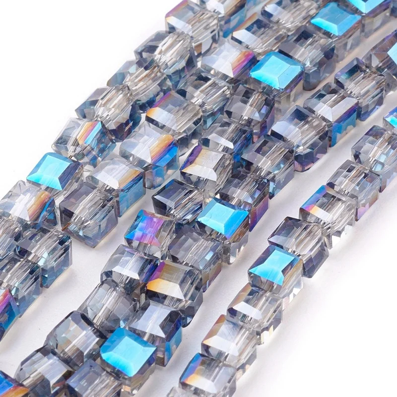 10 Strand Electroplate Glass Cube Beads Strands, Half Plated, Faceted Bead 4x4x4mm, Hole: 1mm; about 100pcs/strand, 16.9