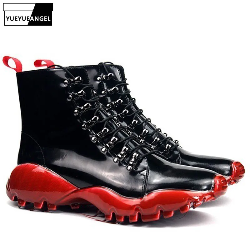 Brand Lace Up Platform Boots Men Street Designer Red Casual Ankle Shoes Luxury Genuine Leather High-Top Sneakers 45