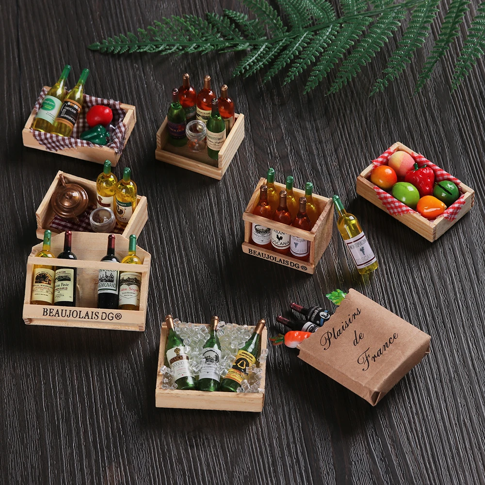 1set Miniature Dollhouse Accessories Simulation Drinks Fruilt Mini Food Toys Mini Wine Bottles Model Set with Box Kitchen Decor