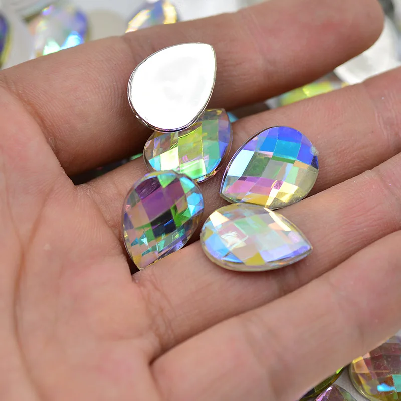 JUNAO AB Color Teardrop Crystal Rhinestones Decoration Flat Back Glitter Strass Glue on Acrylic Stones Clothing Garment Beads