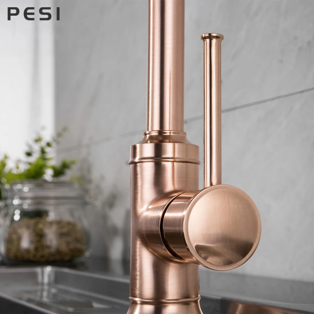 Imagem -02 - Afundar Mixer Tap com Bico Giratório Escovado Rose Gold Único Buraco Torneiras de Cozinha de Cobre Novo