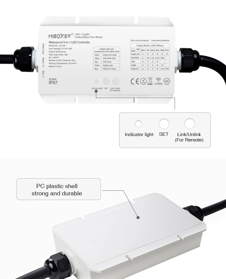 

Miboxer LS2-WP 5 IN 1 Smart Led Controller LS2 IP67 Waterproof DC12V 24V For Single Color /CCT/RGB/RGBW/RGB+CCT Led Strip Light