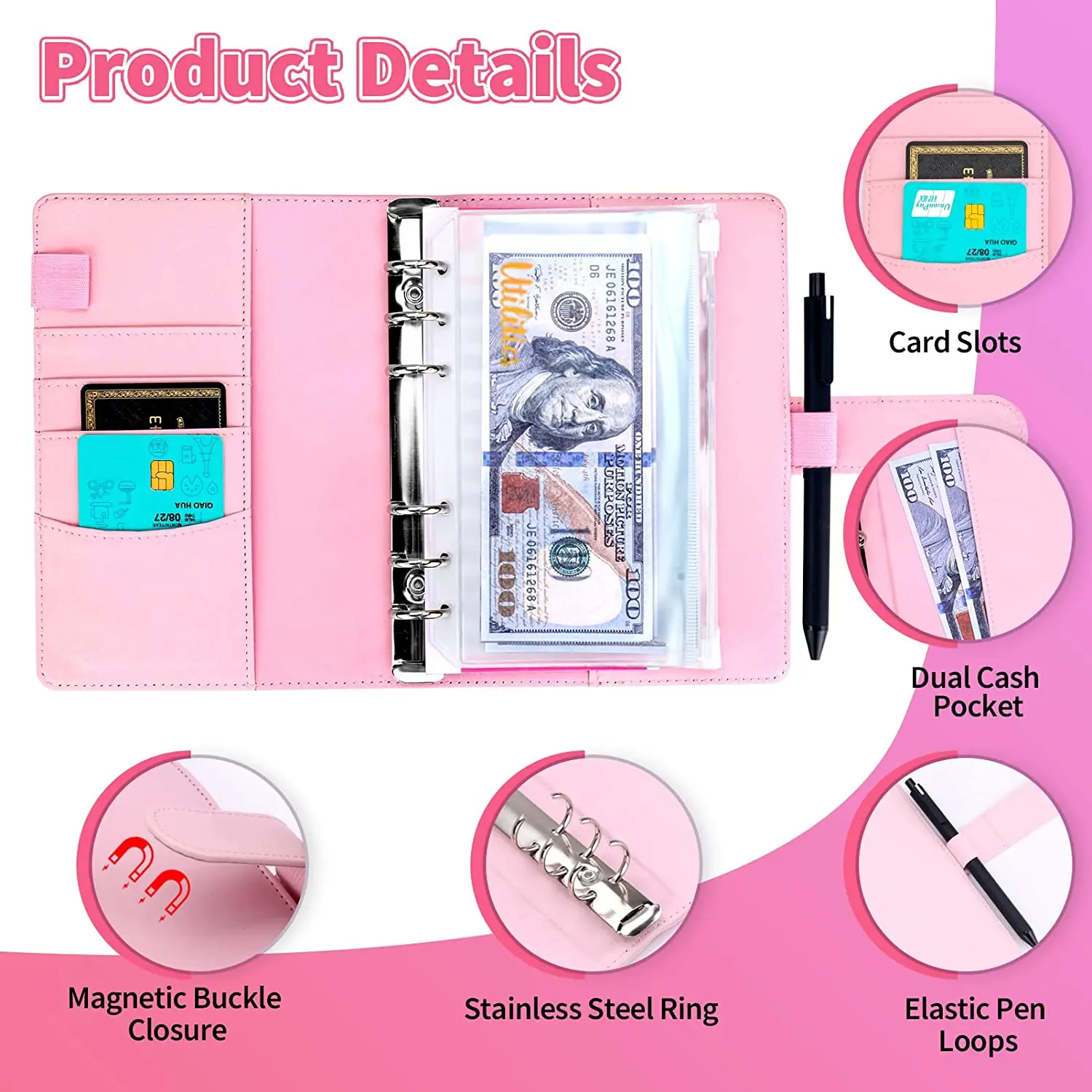A6 PU Leather Binder Cover, 8PCS A6 Binder Pockets, 12PCS Expense Budget Sheets, Sticker Labels, Money Saving Envelopes System
